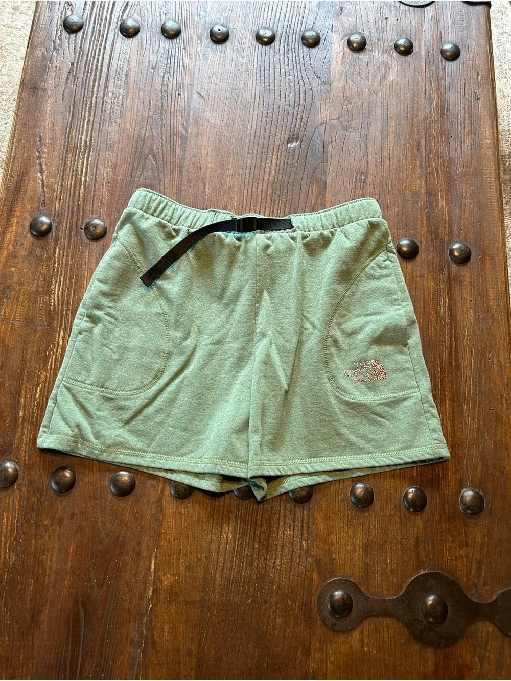 The North Face Sage Green Athletic Fleece Shorts with Webbing Belt
